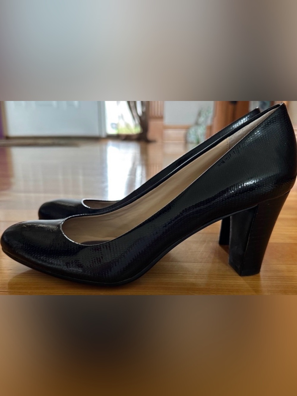 Calvin Klein Renni Patent Black Block Heel Pumps Shoes Size 9M